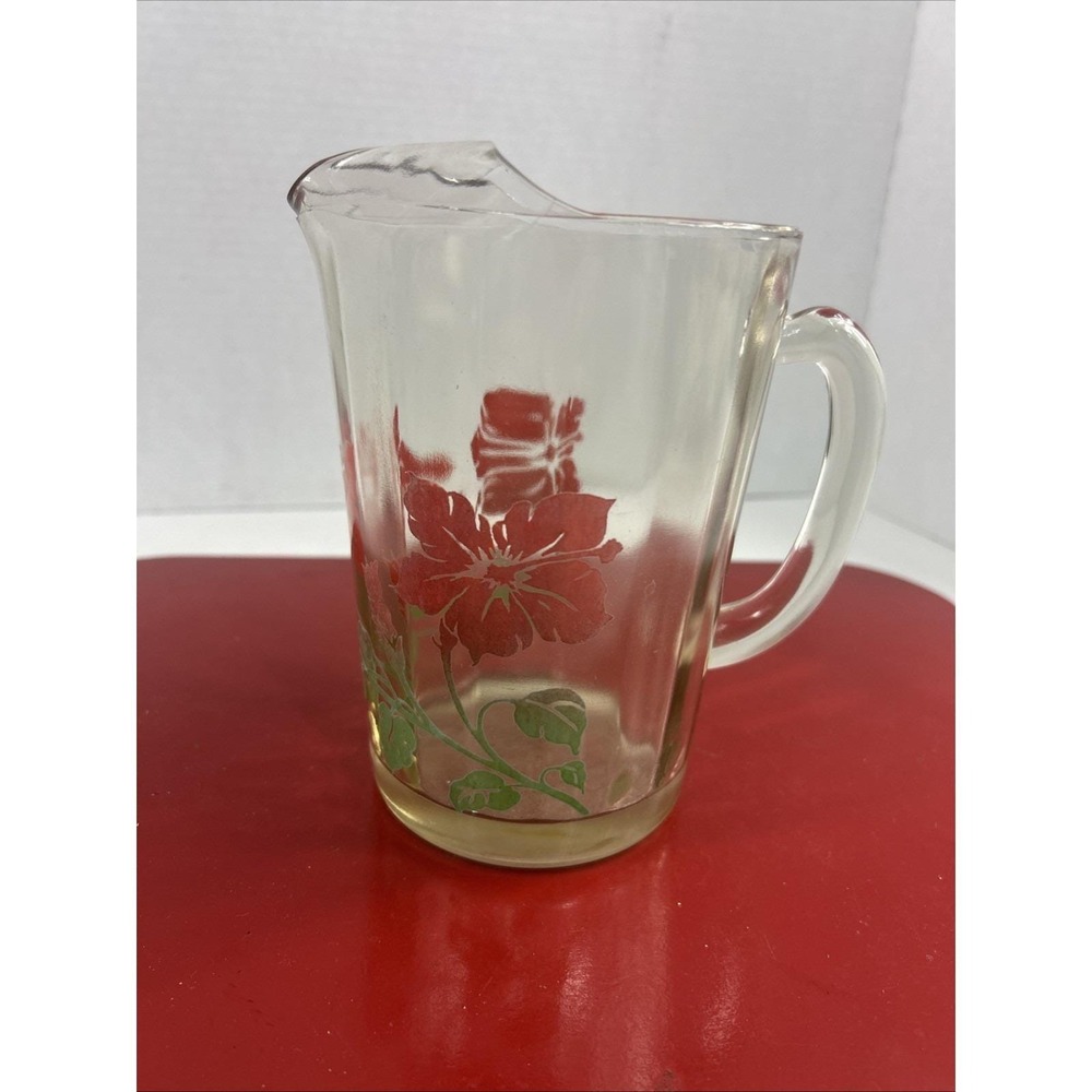 Vintage Red Hibiscus Glass Juice Pitcher MCM Floral Retro Kitchenware Ice Lip